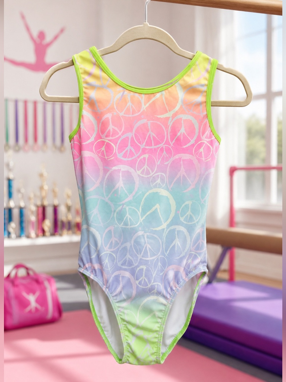 NWT GK Elite Pastel Rainbow Peace Sign Leotard Bodysuit Adult Large Gymnast